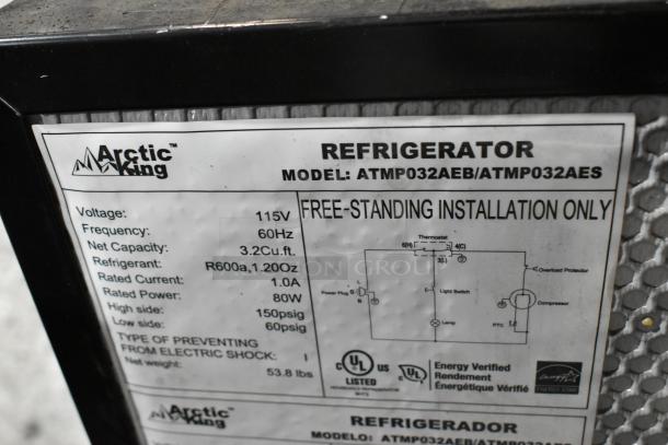 2024 Hisense WMS017M6XVE Mini Cooler and Arctic King ATMP032AEB Mini Cooler w/ Freezer; 115V, 1 Phase. Tags show specs.