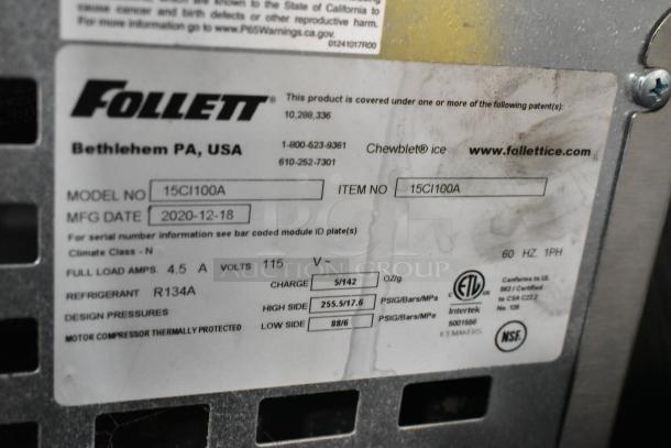 2020 Follett 15CI100A metal commercial countertop ice machine, 115V, 1 phase, model and item number visible, manufactured 2020.