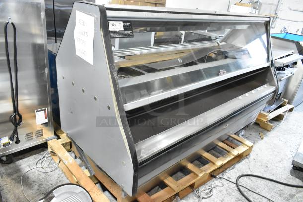 Custom Deli's metal commercial warming display case, floor style. Features a two-shelf design with glass front, used condition.