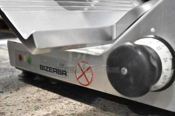 2019 Bizerba GSP H meat slicer, metal, countertop model. Features dial control, power buttons, 115V, 1 phase, excellent condition.