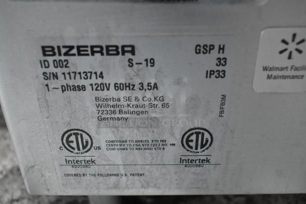 2019 Bizerba GSP H metal meat slicer label showing model, serial number, 120V, phase details, and certification marks.