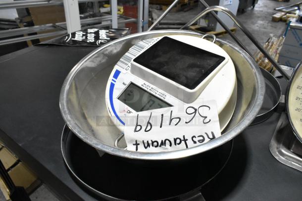 Three scales, including Detecto SCS30 with digital display and two Universal Dial, in good condition. Visible tag with serial number.