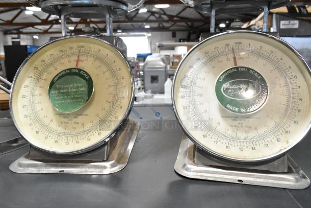 Three scales including Detecto SCS30 and two Universal Dial Scales, showing dials and labels, in functional condition.
