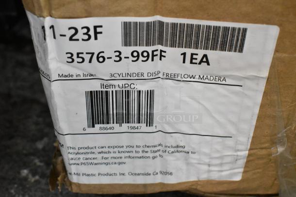 Cal-Mil 11-23F 3 Cylinder Dispenser packaging label, item UPC 688640198471, made in Israel, with safety warnings.