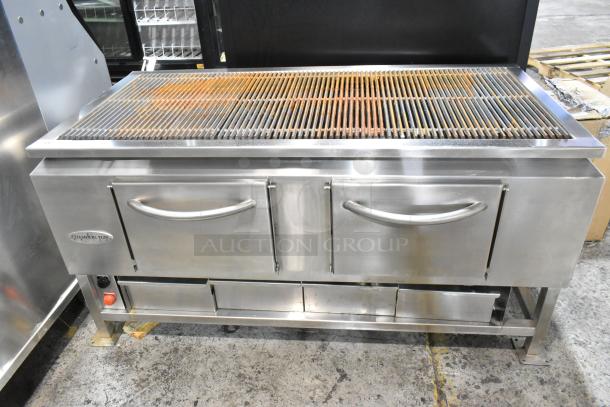 Champion Tuff 782TG60 stainless steel 60" wood-burning grill, industrial-grade, dual doors, sturdy build, used condition.