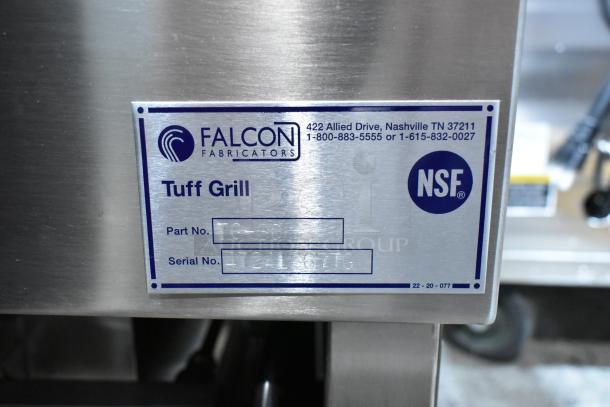 Champion Tuff 782TG60 60" stainless steel wood-burning grill with Falcon Fabricators label, NSF certified.