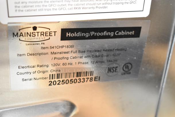 Mainstreet 541CHP1836I full-size insulated heated cabinet, clear door, commercial casters, 120V, serial 20250503378EI.