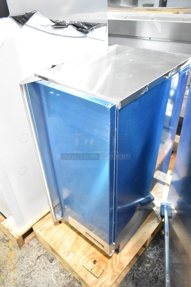 Brand new 2025 Hoshizaki C-80BAK stainless steel ice machine, 27 lb. bin capacity, minor scratches, blue protective film visible.