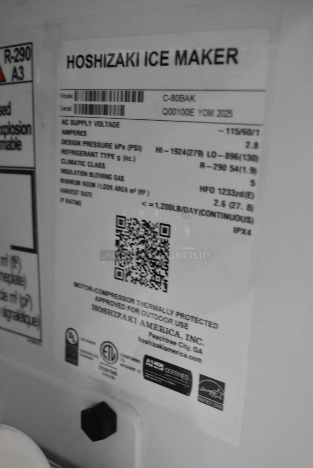 Brand new 2025 Hoshizaki C-80BAK undercounter ice machine, stainless steel, 27 lb. bin, 92 lb. capacity, minor scratches.