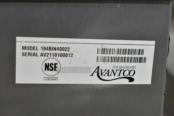 2021 Avantco 194BIN40022 Ice Storage Bin, metallic alloy exterior, 383 lb capacity, label shows NSF certification and serial number.