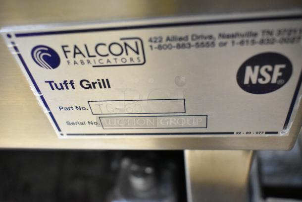 NSF-certified Falcon Fabricators label on Champion Tuff 782TG60 grill. Part No: TG-60, Serial No: 4724168TG.