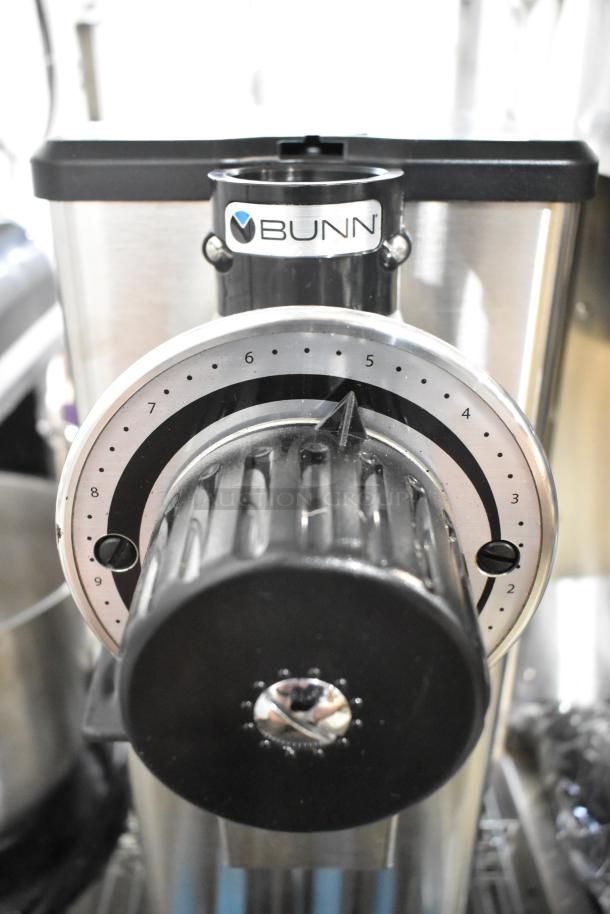 Brand new 2025 Bunn GVH stainless steel bulk coffee grinder, no hopper, scratch and dent condition. 120V, 1 phase.