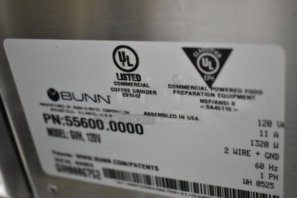 Close-up of the label on a 2025 Bunn GVH stainless steel commercial coffee grinder, 120V, UL listed. Model GVH, PN: 55600.0000.