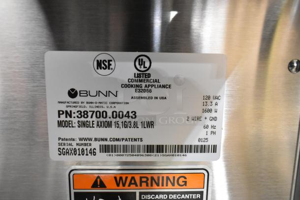 Bunn SINGLE AXIOM 15 coffee machine label, model 38700.0043, 120V, 1600W, NSF and UL certified, assembled in USA.