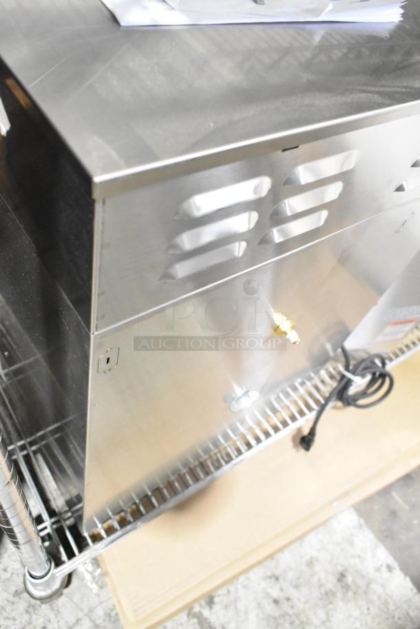 BRAND NEW Bunn AXIOM TWIN APS coffee brewer, scratch and dent, with hot water dispenser and two metal brew baskets.
