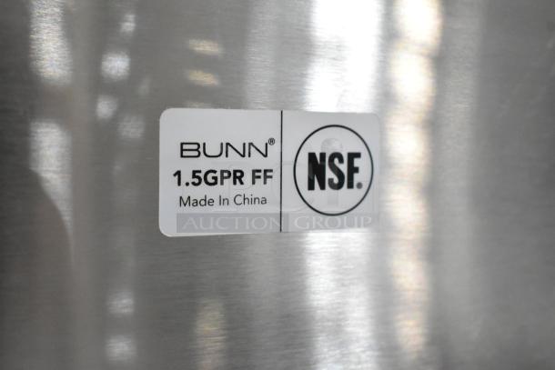 Brand new Bunn 20950.0004 coffee server, 1.5GPR-FF, 1.5 gallon, top handles, fast flow faucet, NSF label visible.
