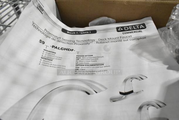 Delta faucet manual for Model 590-PALGHDF, featuring Proximity Sensing Technology and power options, shown on paper.