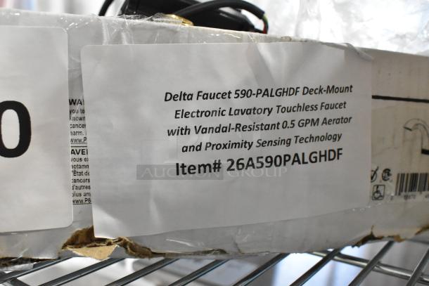 Delta Faucet 590-PALGHDF Deck-Mount touchless faucet with vandal-resistant 0.5 GPM aerator, proximity sensing. Item# 26A590PALGHDF.
