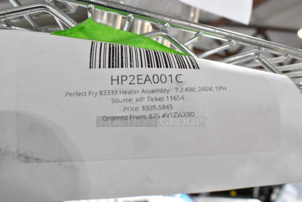 BRAND NEW HP2EA001C Perfect Fry 83339 Heater Assembly, 7.2 KW, 240V, 1PH. Visible label with details.