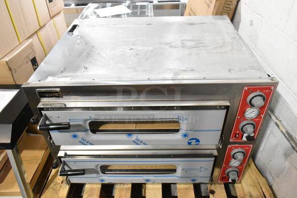 Trento stainless steel 2 deck pizza oven, scratch and dent, electric, with cooking stones, 230 volts, visible control knobs.