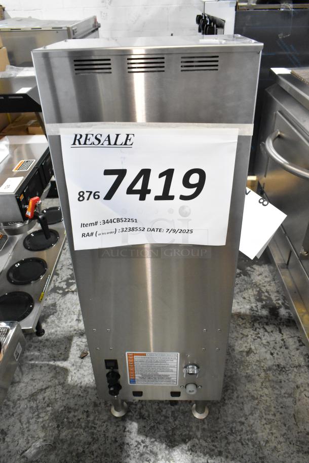 Brand new Fetco CBS-2251 stainless steel coffee brewer, 208-240V, single automatic, metal brew basket, scratches visible.