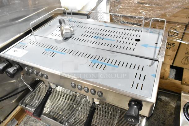 BRAND NEW Estella ECEM2 commercial espresso machine, stainless steel, two group, two steam wands, one unscrewed leg.