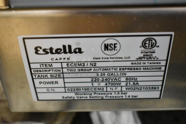 "Estella ECEM2 label showing specs: 3.25-gallon tank, 220-240VAC, 60Hz, 4700W, 21.5A. Made in Taiwan."