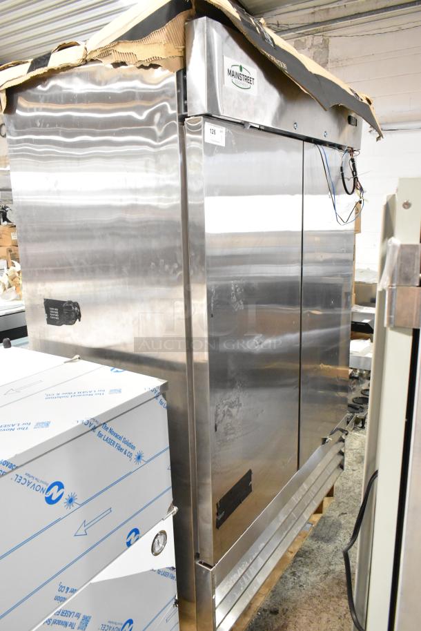 Brand new Mainstreet 829BMR49F stainless steel commercial 2-door freezer with minor scratches. Model 2024, 115V, 1 phase.