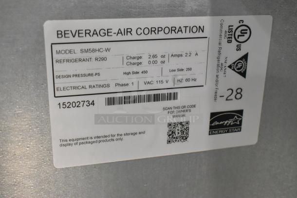 Beverage Air SM58HC-W label showing model details, refrigerant R290, 115V electrical specs, and Energy Star certification.