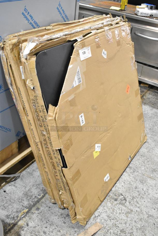 5 brand new scratch and dent Lancaster Table & Seating 36"x36" laminated square table tops, reversible cherry/black.