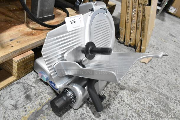 Brand new Globe G10 10" manual gravity feed slicer with blade sharpener. 1/3 hp. 115V, 1 Phase. Scratch and dent condition.