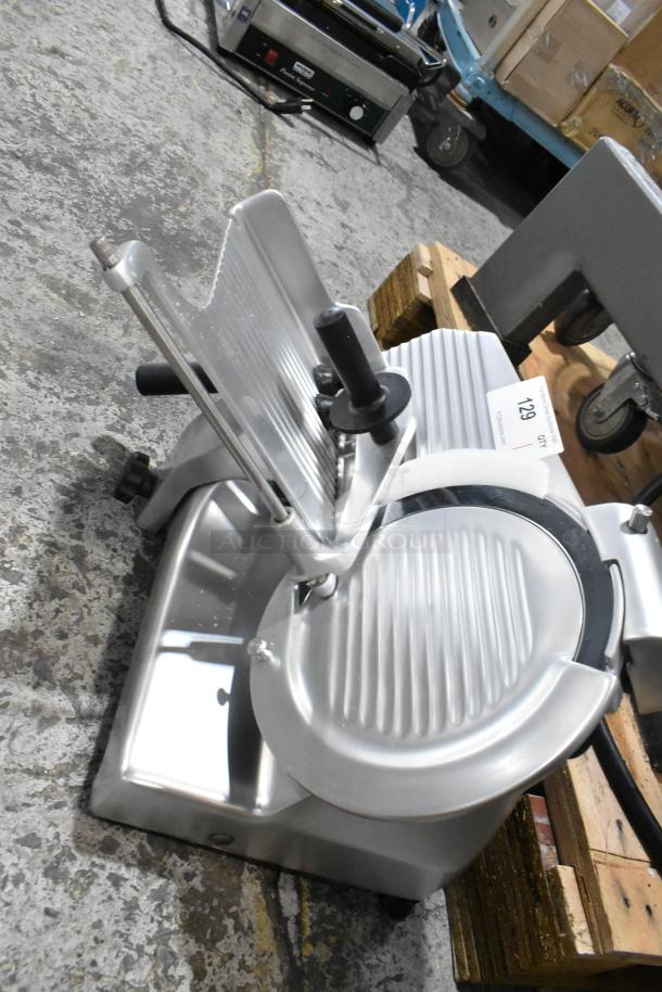 Brand new Globe G10 10" manual slicer, featuring a gravity feed and blade sharpener, 1/3 hp, 115V, 1 Phase.