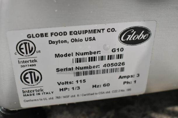 Globe G10 slicer label, showing model, serial numbers, 115 volts, 1/3 hp, and ETL certifications. Appears new with defects.