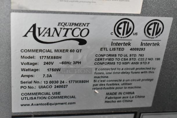 Avantco 177MX60H 60 Qt. planetary dough mixer label, 240V, 3 Phase, 1750W, 7.3A, ETL certified, new with scratches.