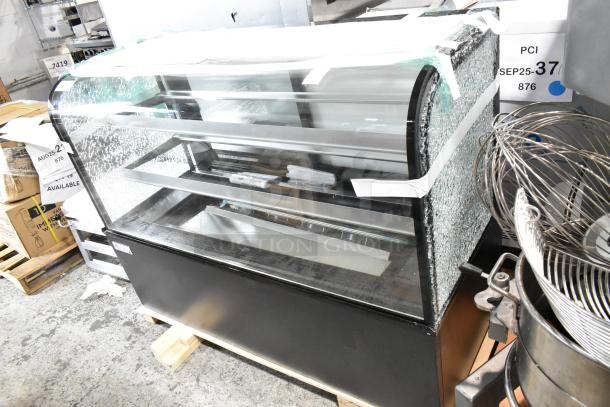 Avantco 193BC60HCB 60" curved glass refrigerated bakery display case, black. New with broken glass shown. 115 volts, 1 phase.