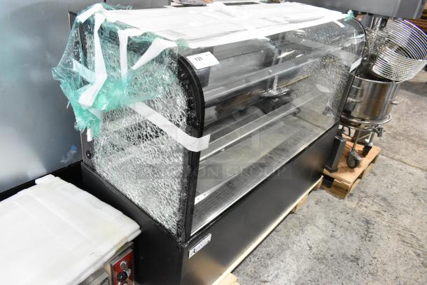 Brand new Avantco 193BC60HCB 60" black refrigerated bakery display case with curved glass, showing broken glass. 115V, 1 phase.