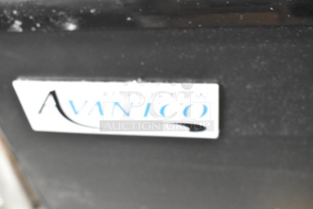 Avantco 193BC60HCB label on 60" black refrigerated bakery display case with curved glass. Slight damage noted.