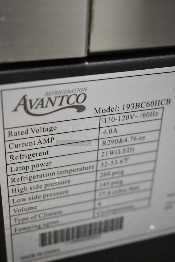 Avantco 193BC60HCB bakery display case label showing model, voltage, and refrigerant details.