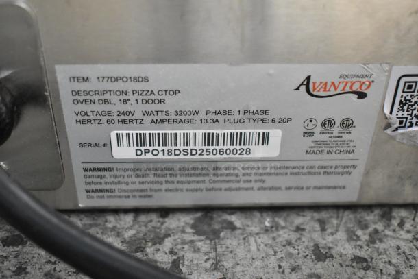 Avantco 177DPO18DS label, 240V, 3200W, 1 phase. ETL listed. Serial: DPO18DSD25060028. New, scratch and dent condition.