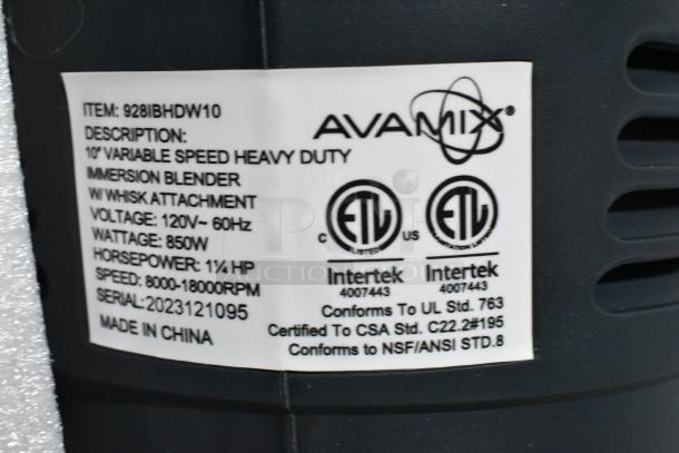 2023 AvaMix 928IBHDW10 Heavy-Duty Variable Speed Immersion Blender, 10" whisk, 1 1/4 hp, 115V, 850W, NEW.