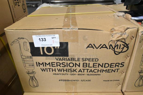 Box of 5 Avamix 928IBHDW10 immersion blenders with 10" whisk, 2023 model, variable speed, 1 1/4 hp, scratched and dented.