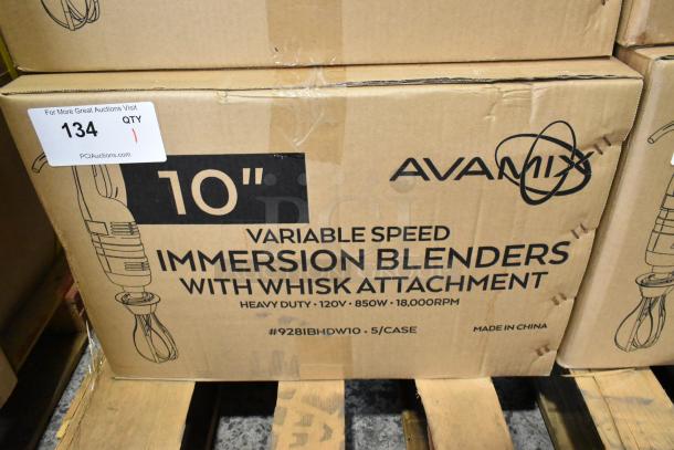 Box of 5 new 2023 AvaMix 928IBHDW10 heavy-duty immersion blenders, 10" whisk, variable speed, 1 1/4 hp, 115V, 1 Phase.
