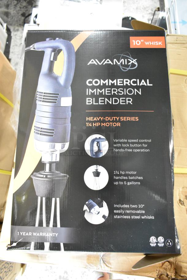 Brand new AvaMix 2023 Heavy-Duty Immersion Blender, 1 1/4 hp, variable speed, 10" whisk, 115V, 1 Phase, warranty included.