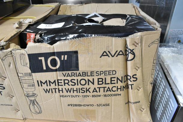 Brand new AvaMix 928IBHDW10 immersion blender with 10" whisk, 1 1/4 hp, 115V. Scratch and dent box visible.