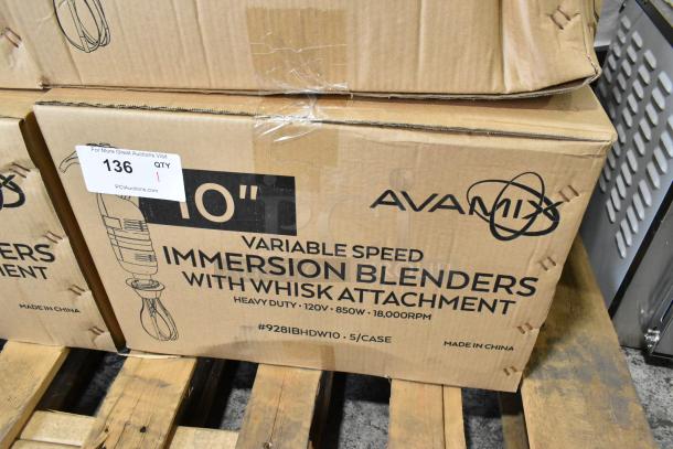 5 new AvaMix 928IBHDW10 heavy-duty immersion blenders with 10" whisk, 1 1/4 hp, in original boxes, visible label shows model.