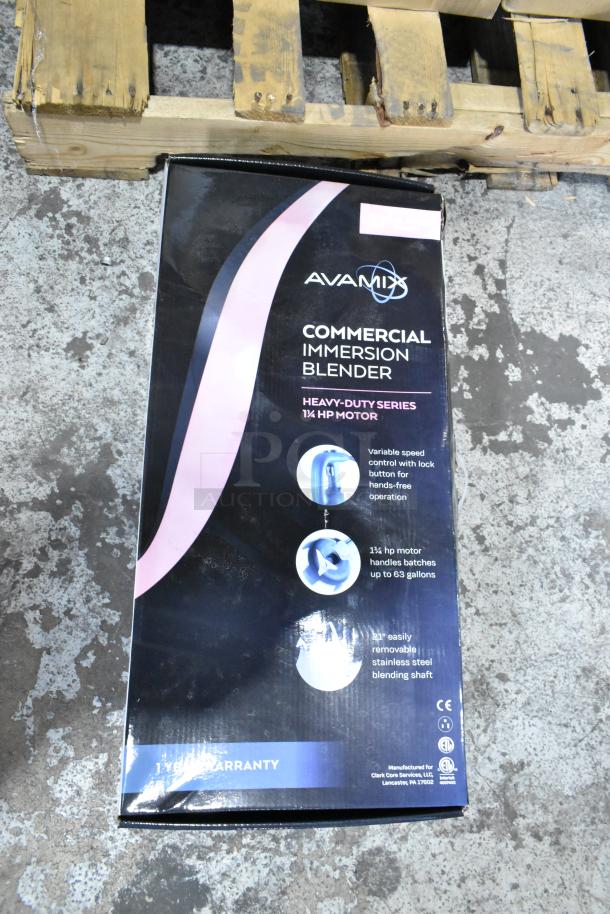 Box of AvaMix 928IBHD21 21" Heavy-Duty Immersion Blender, 1 1/4 hp, new condition, scratch and dent, 15 units auctioned.