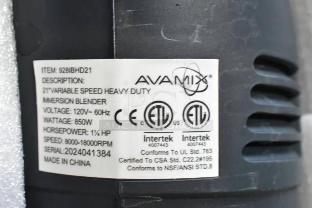 2023 AvaMix 21" heavy-duty immersion blender label. 1 1/4 hp, 120V, 850W, variable speed 8000-18000 RPM. Model 928IBHD21.