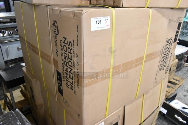Cardboard boxes of 2023 AvaMix 928IBHD21 immersion blenders. New, scratch and dent, 21" heavy-duty, 1 1/4 hp.