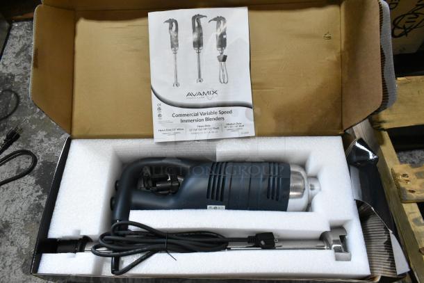 5 new AvaMix 928IBHD21 21" heavy-duty immersion blenders in box, 1 1/4 hp, 115V, with manual. Scratch and dent condition.