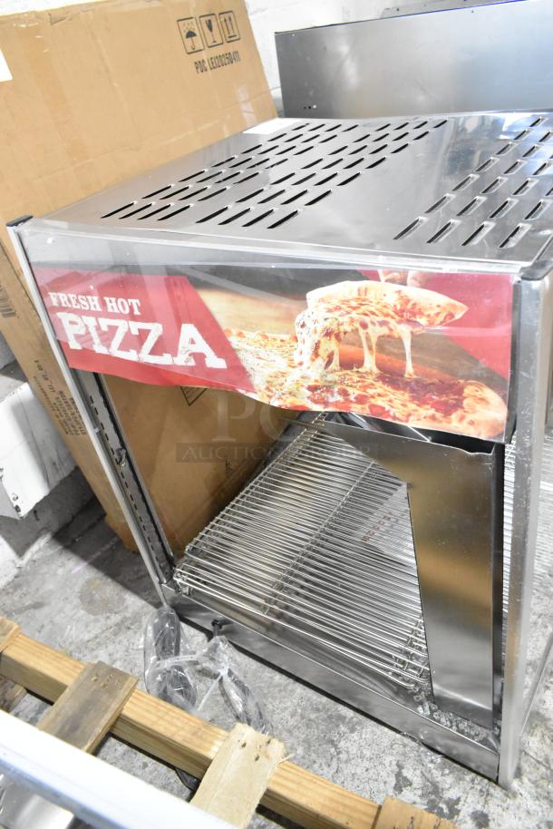 Brand new, scratch and dent ServIt 423PDW18D1S stainless steel 18" display warmer, 4 shelves, 115V, visible "Fresh Hot Pizza" sign.